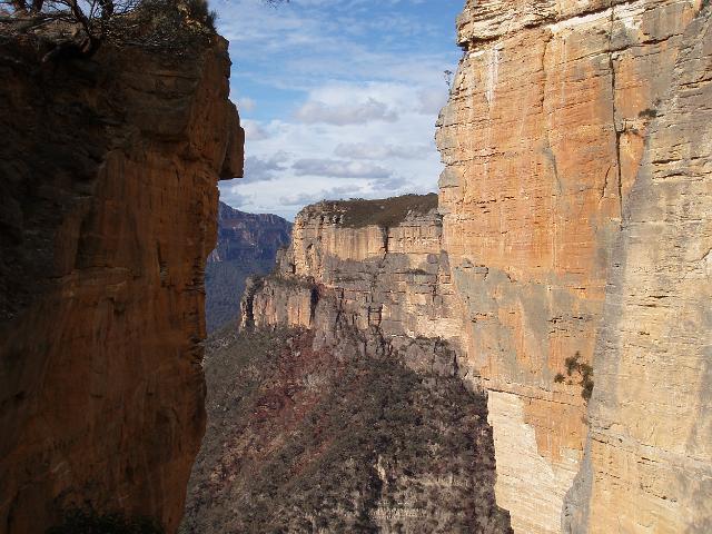 a dizzying view of sandstone cliffs and vertical drops in the grose valley, near hanging rock