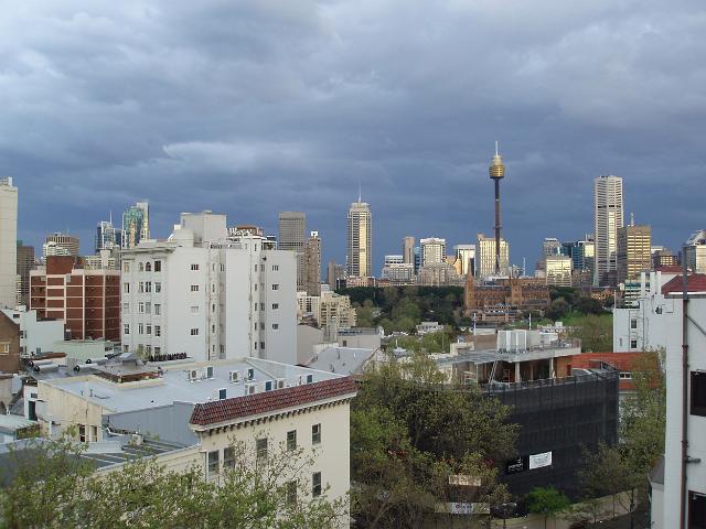 a stormy sydney city scape, skyline of office buildings viewed from kings cross