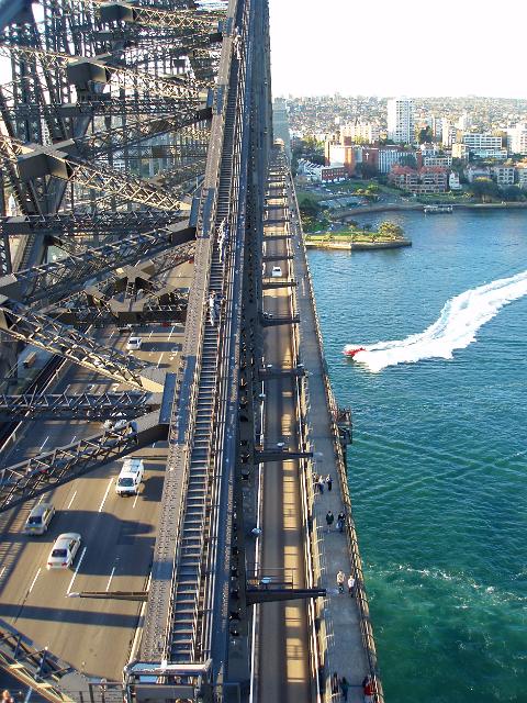 an elevated view along sydneys famous harbour bridge from the south pylon