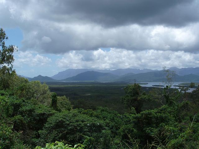 a panoramic view of hinchinbrook island from a lookout on the mainland