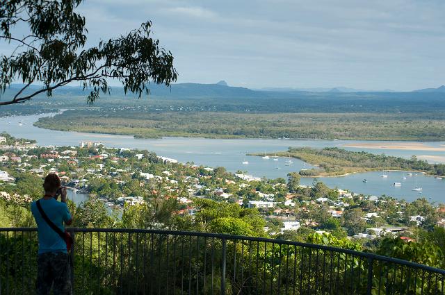 Noosa panorama in Queensland, Australia showing the Noosa estuary with the town nestling in lush tropical vegetation on its banks and a view over the surrounding countryside to distant mountains