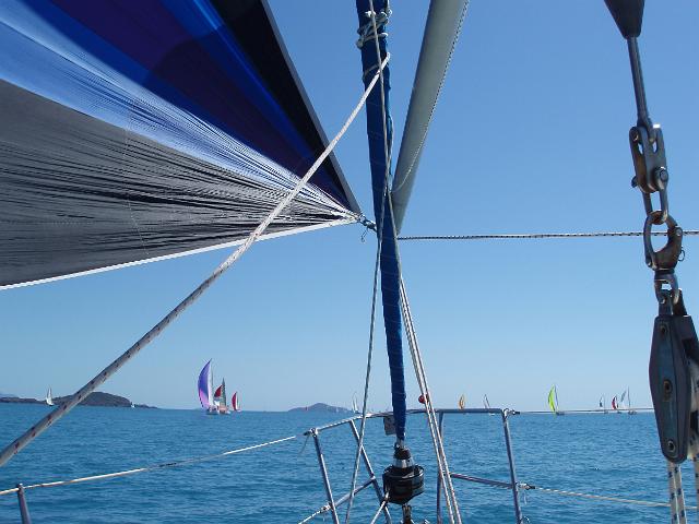view from the front of a yacht sailing in the airlie race week series