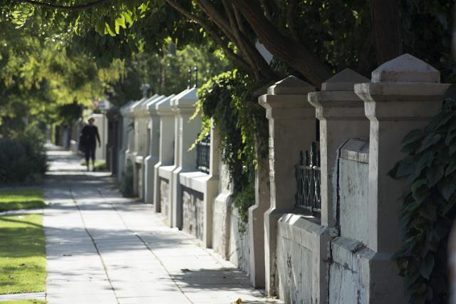 Shady historic street front in Adelaide, Australia with overhanging green leafy trees and old style colonial wrought iron fence and wall
