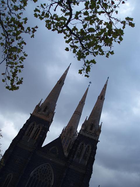 Low-key image of the spires on melbournes St Patrick's Cathedral