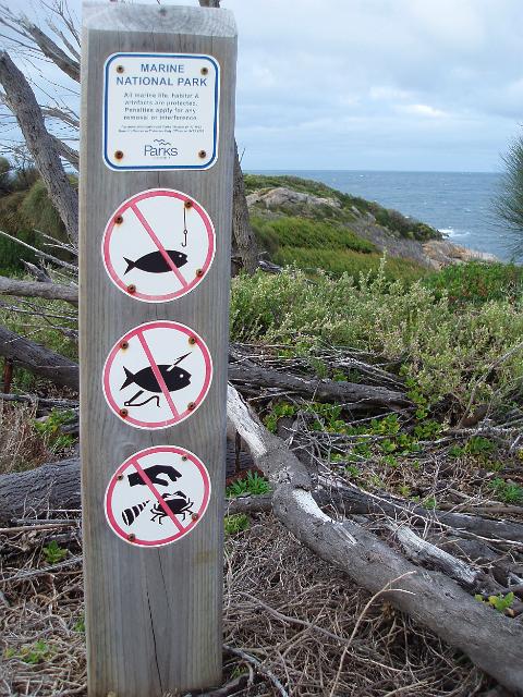 a no fishing sign in the wilsons promontory marine national park, victoria, australia