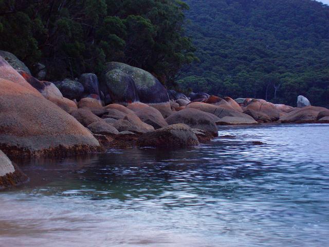 colorful lichen covered rocks line the waterline at refuge cove