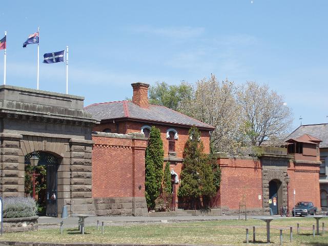 old ballarat gaol buildings and entrance gate, building was started in 1856