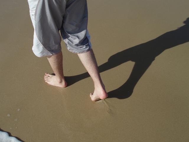 walking a long a sandy beach on a summer morning