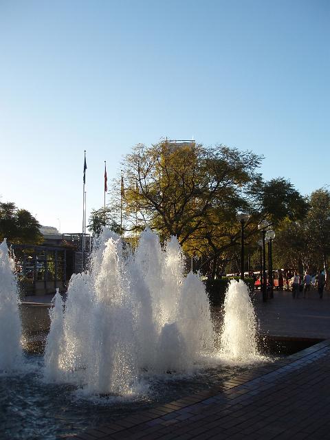 fountains lit by evening sunlight in sydneys darling harbour