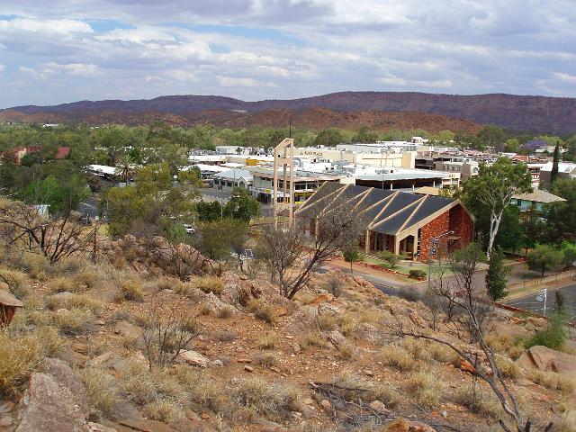 a view of the town of alice springs and the catholic church from anzac hill
